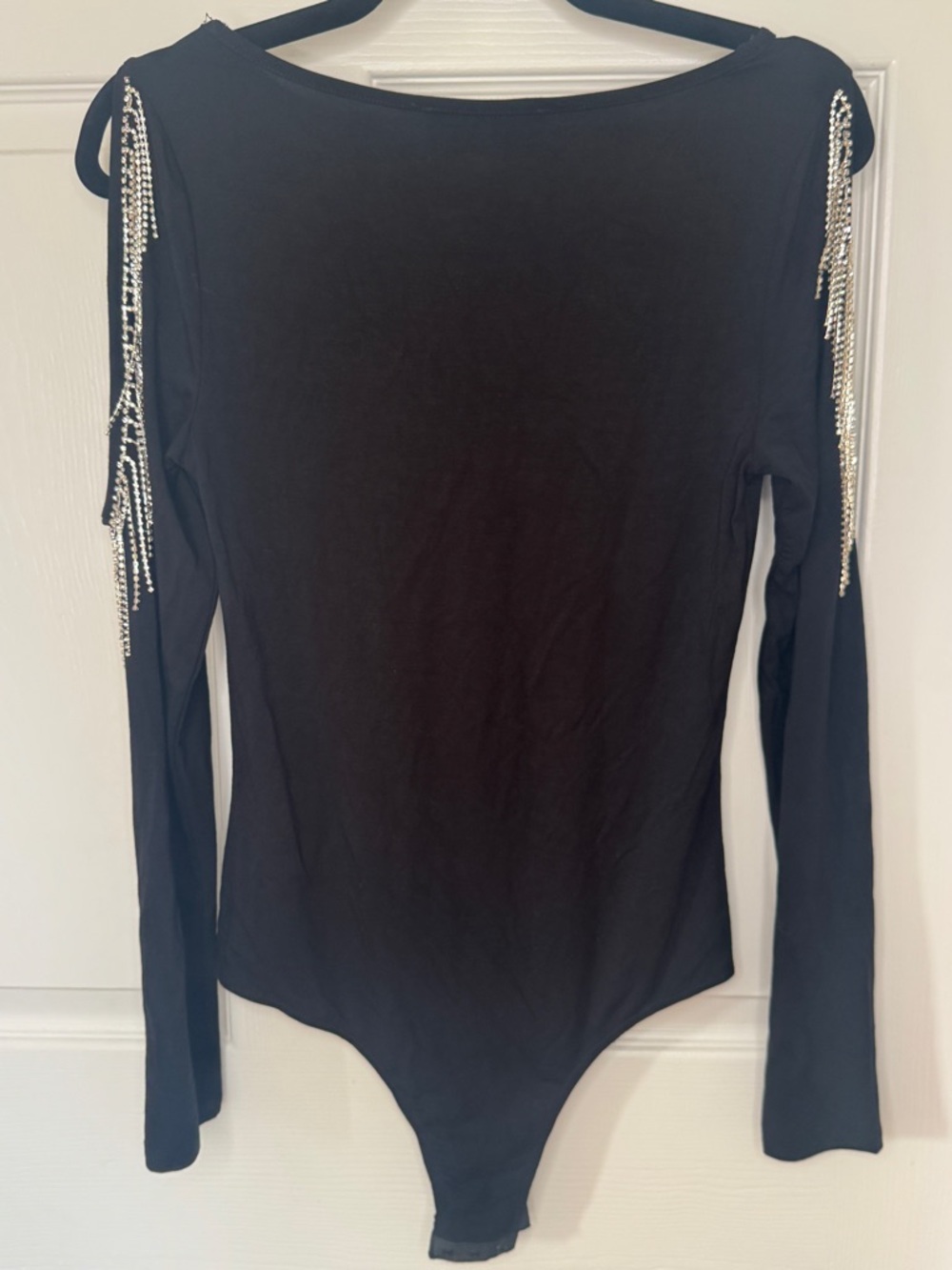 Black Cold-Shoulder Long Sleeve Bodysuit with Rhinestone Fringe